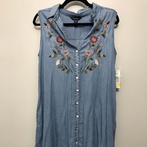Chambray embroidered sleeveless shirt dress